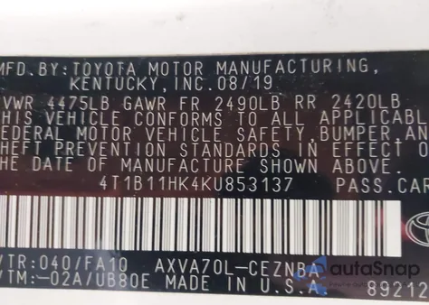 2019 Toyota Camry Le z USA, uszkodzony, nr VIN 4T1B11HK4KU853137